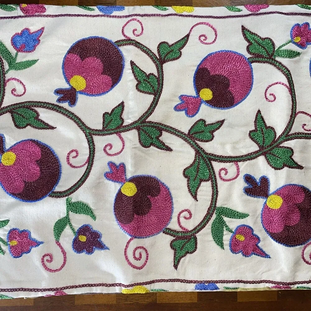 Handmade Embroidered Pillow Cover 3D Bright Floral Vine 14.5x 29.5” Boho Cottage